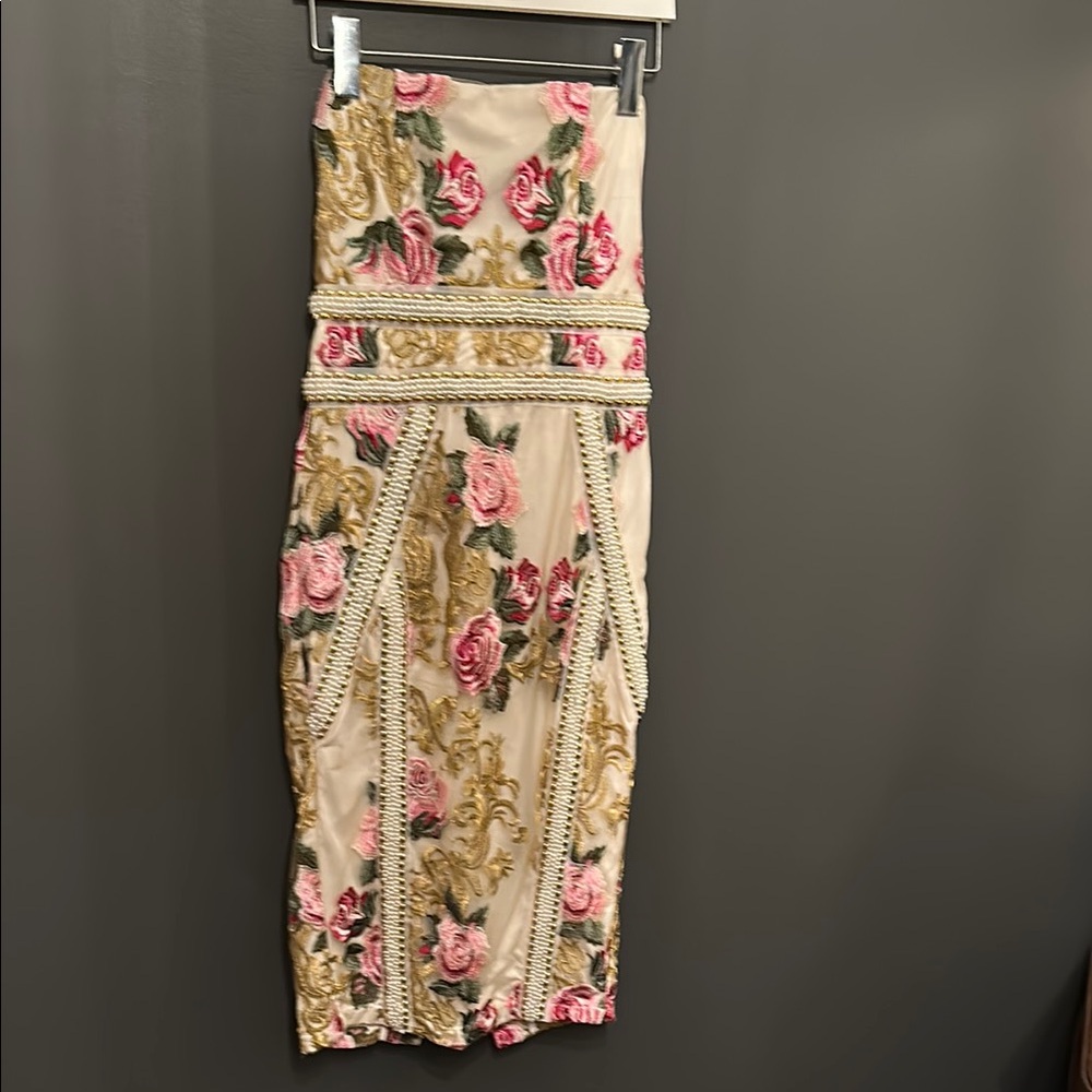 PrettyLittleThing Strapless Floral Dress - Cream, Pink, Gold